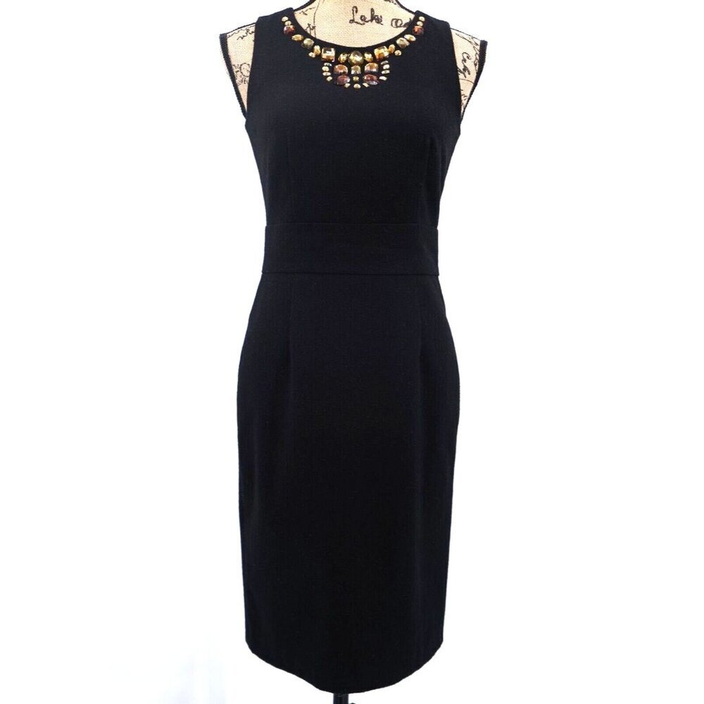Banana Republic Women Dress 0 Black Jeweled Round Neckline Sleeveless Zip Wool‎